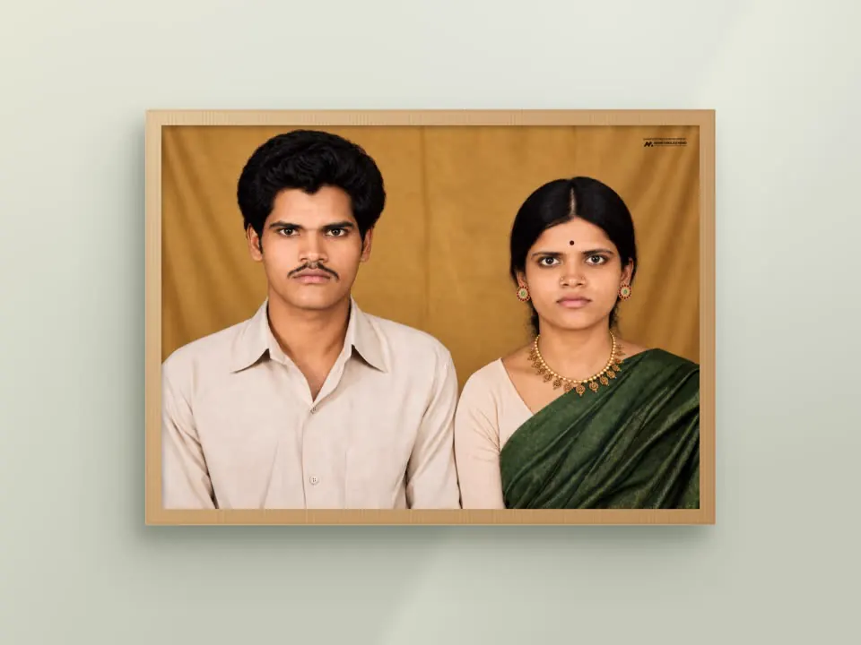 Restored parents' photograph, natural oak frame