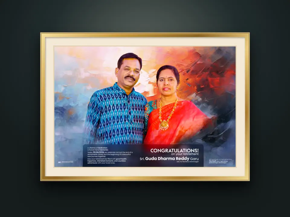 Painterly retirement portrait, gold frame