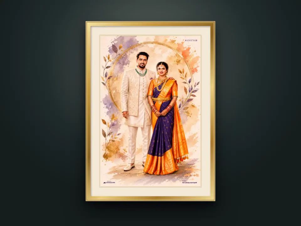 Watercolour wedding portrait, gold frame