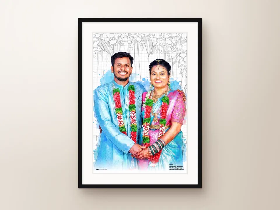 Sketched-garden wedding portrait, black frame